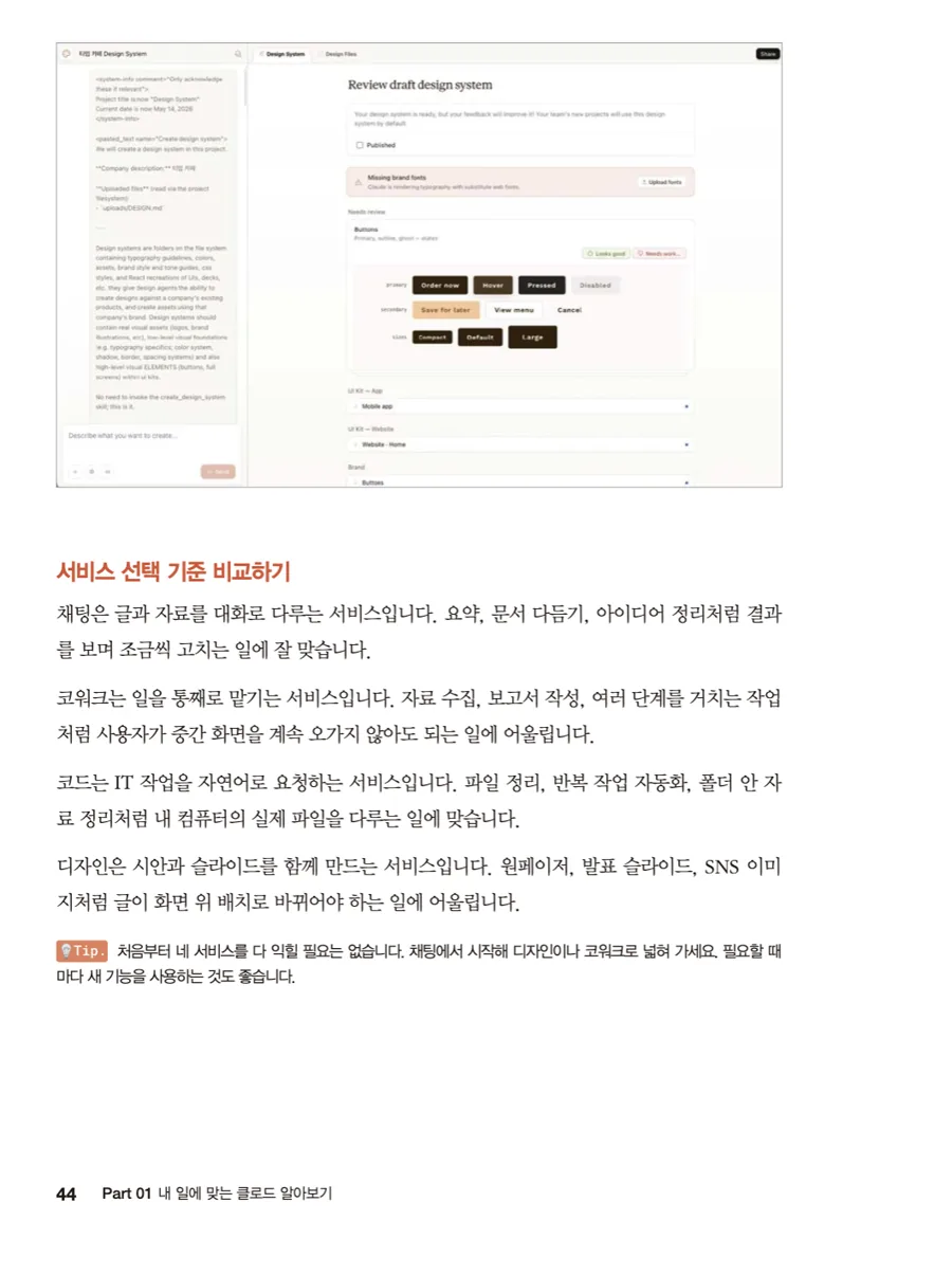 44쪽 - 채팅·코워크·코드·디자인을 각각 어떤 일에 쓰는지 구분하는 절